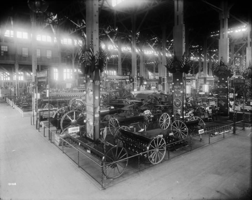 Displays of farm machinery and implements in the Palace of Agriculture, 1904