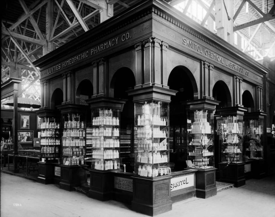 Sanitol Chemical Laboratory and Luyties Homeopathic Pharmacy Company exhibits in the Palace of Liberal Arts, 1904