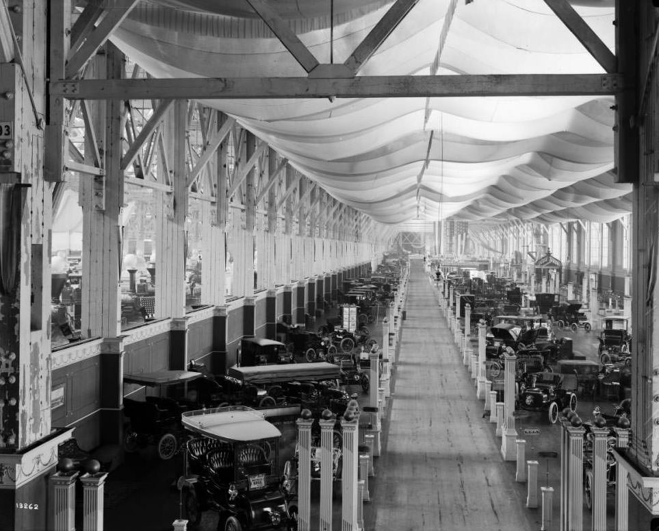 View of automobile exhibits in the Palace of Transportation, 1904