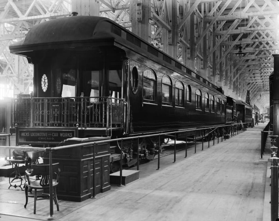 Hicks Locomotive & Car Works exhibit in the Palace of Transportation, 1904