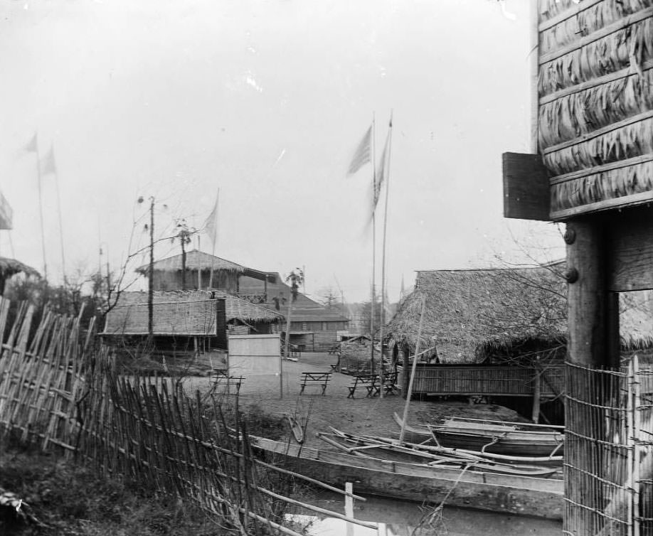 A view of the Moro village, part of the Philippine Exposition at the Louisiana Purchase Exposition, 1904