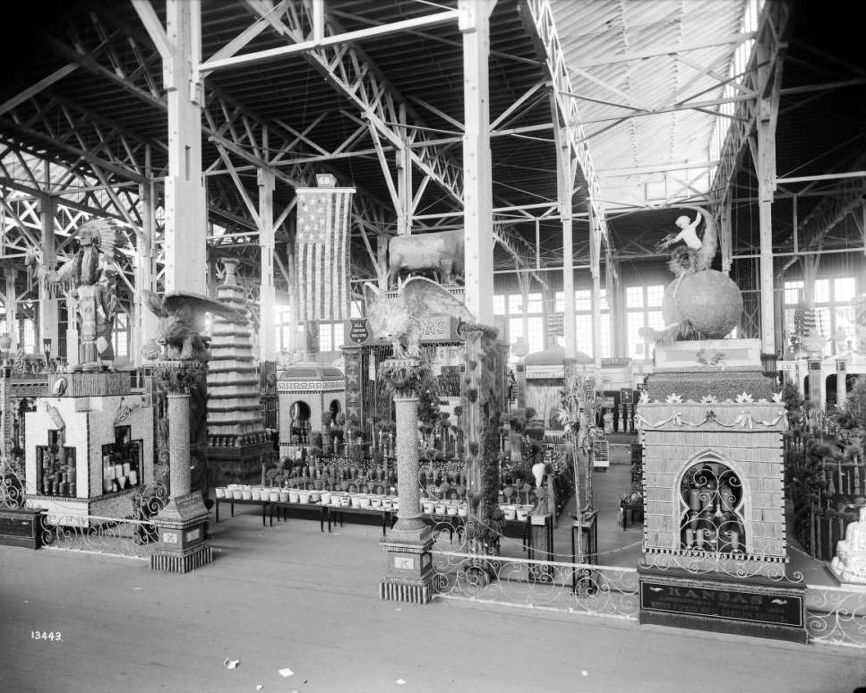 A 15-foot Indian chief made of corn husks was a feature in Kansas's 1600 square foot exhibit in the Agriculture palace at the Louisiana Purchase Exposition