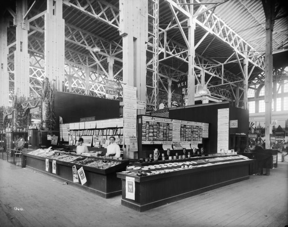 Staff at the Postal News Company's booth in the Agriculture palace at the Louisiana Purchase Exposition, 1904