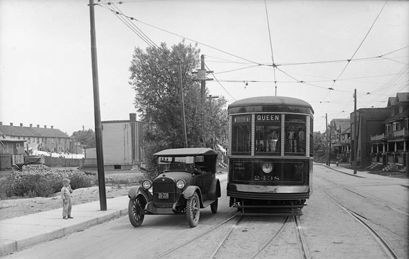 Toronto Transportation Commission car near Queen Street and Woodbine Avenue, 1923