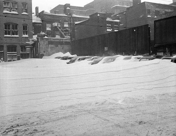 A snow-covered parking lot during the storm of 1944.
