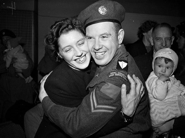 All smiles as a soldier returns from the second world war, 1940s