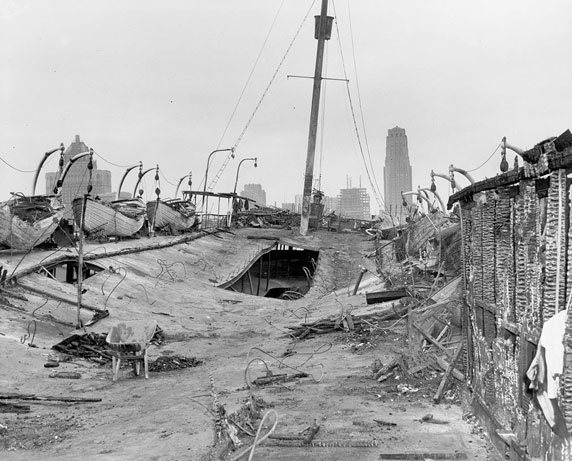 The Royal York hotel and skyline from the gutted upper deck of the SS Noronic, 1940s