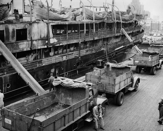 The side of the burned out SS Noronic. In the aftermath of the fire, an investigation found the design of the ship was partly to blame for the high death toll.