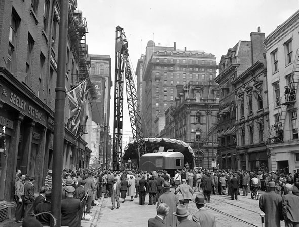 A machine prepares to break ground for construction of the Yonge subway in 1949.