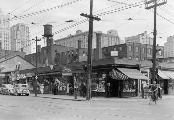 South side of Queen Street W. at York. Now the site of the Sheraton Hotel, 1940s