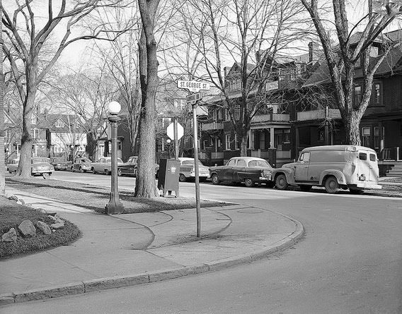 Cars lining the streets in the Annex, 1950s
