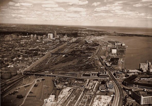 Lake Shore Boulevard streaking across the city, 1950s