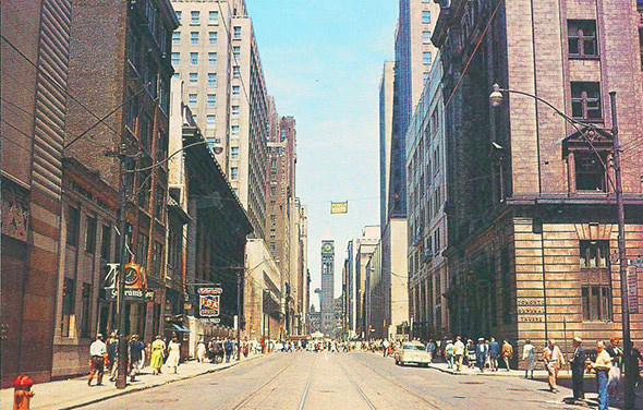 Postcard view looking up Bay toward Old City Hall, 1950s