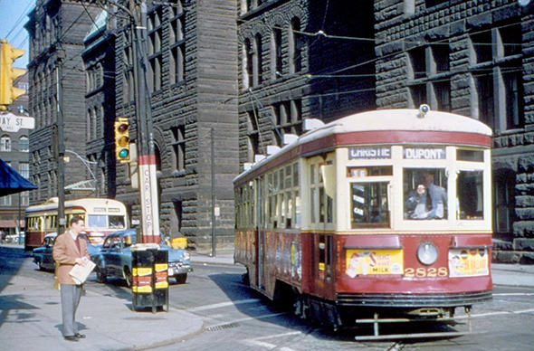 Old City Hall and Peter Witt streetcar, 1950s