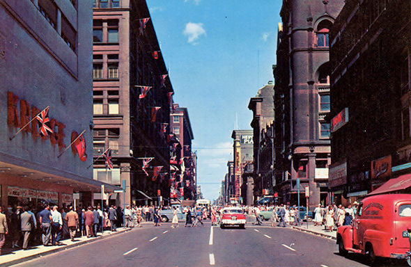 Postcard view looking up Yonge St, north of Queen St, 1950s