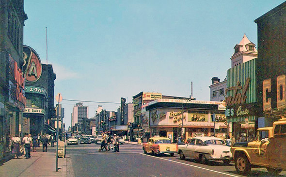 Postcard view looking north to Yonge and Dundas, 1950s