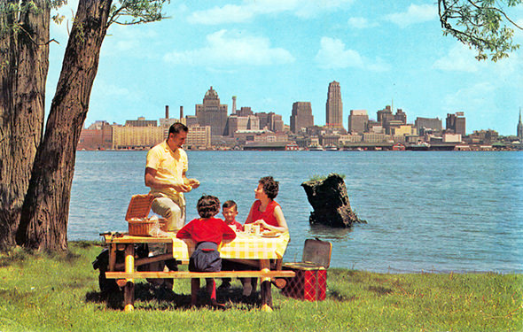 Postcard view of a picnic on the Toronto Islands, 1950s