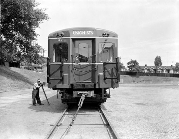 A subway car with an engineer, 1950s