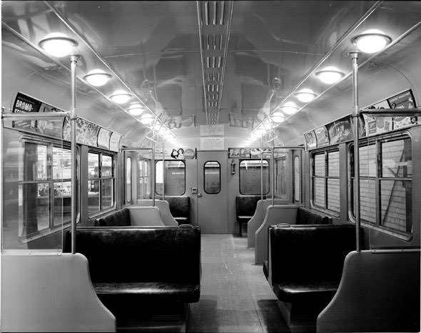 The interior of an old subway car, 1950s