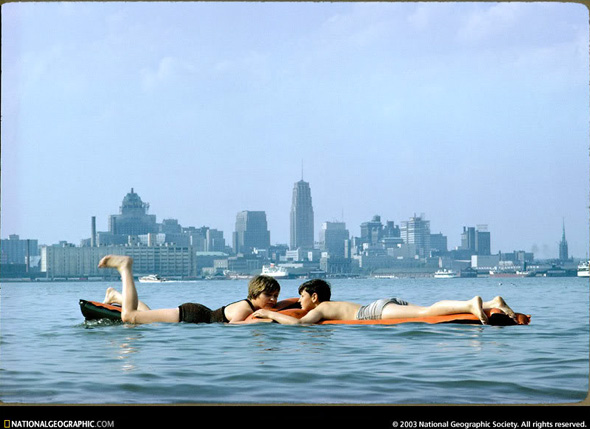 Swimmers with the much less-developed skyline in 1963,