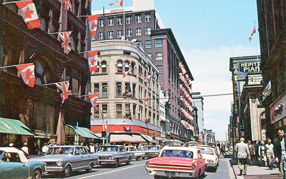 Postcard view Looking up Yonge towards Queen St, 1966