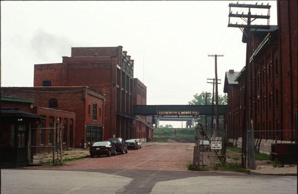The main gates to the Distillery at Mill and Trinity streets.1990s
