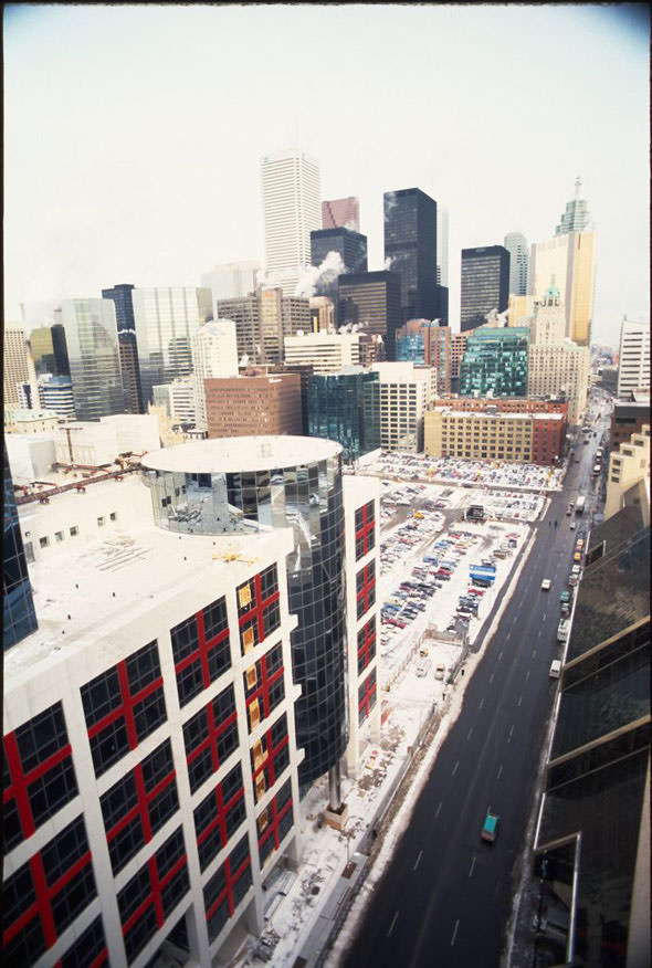 The CBC Broadcast Centre, looking east towards downtown on Front.1990s