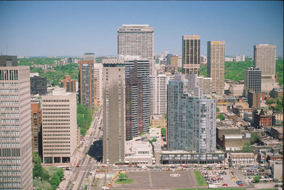 Looking north up Bay towards the Sutton Place Hotel and Manulife Centre.1990s