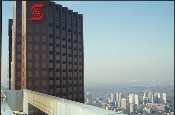 The roof of Scotia Plaza from the top of Commerce Court.1990s