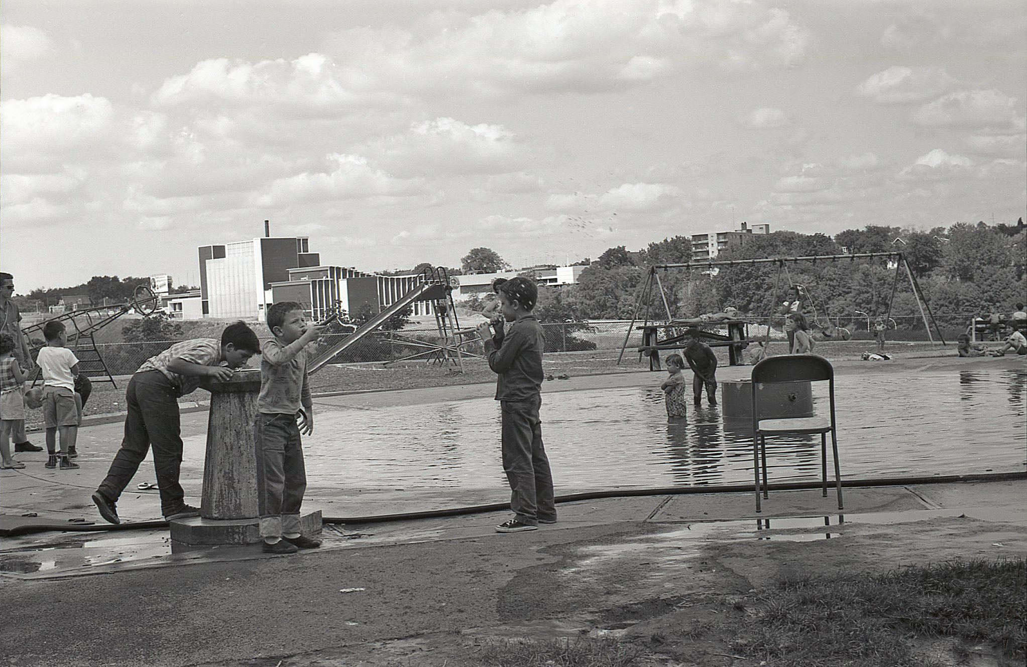 Looking northeast from the old wading pool at Wellesley Park, across the Don Valley, 1963.