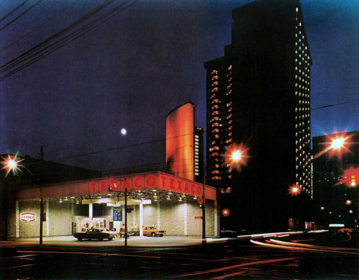 Texaco station, 1970s. Toronto city hall in the background.