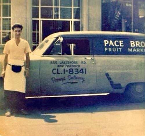 Fruit store, “Pace Brothers”, on Lakeshore Blvd in Toronto (Mimico). Old address was 855 Lakeshore Road, 1940s