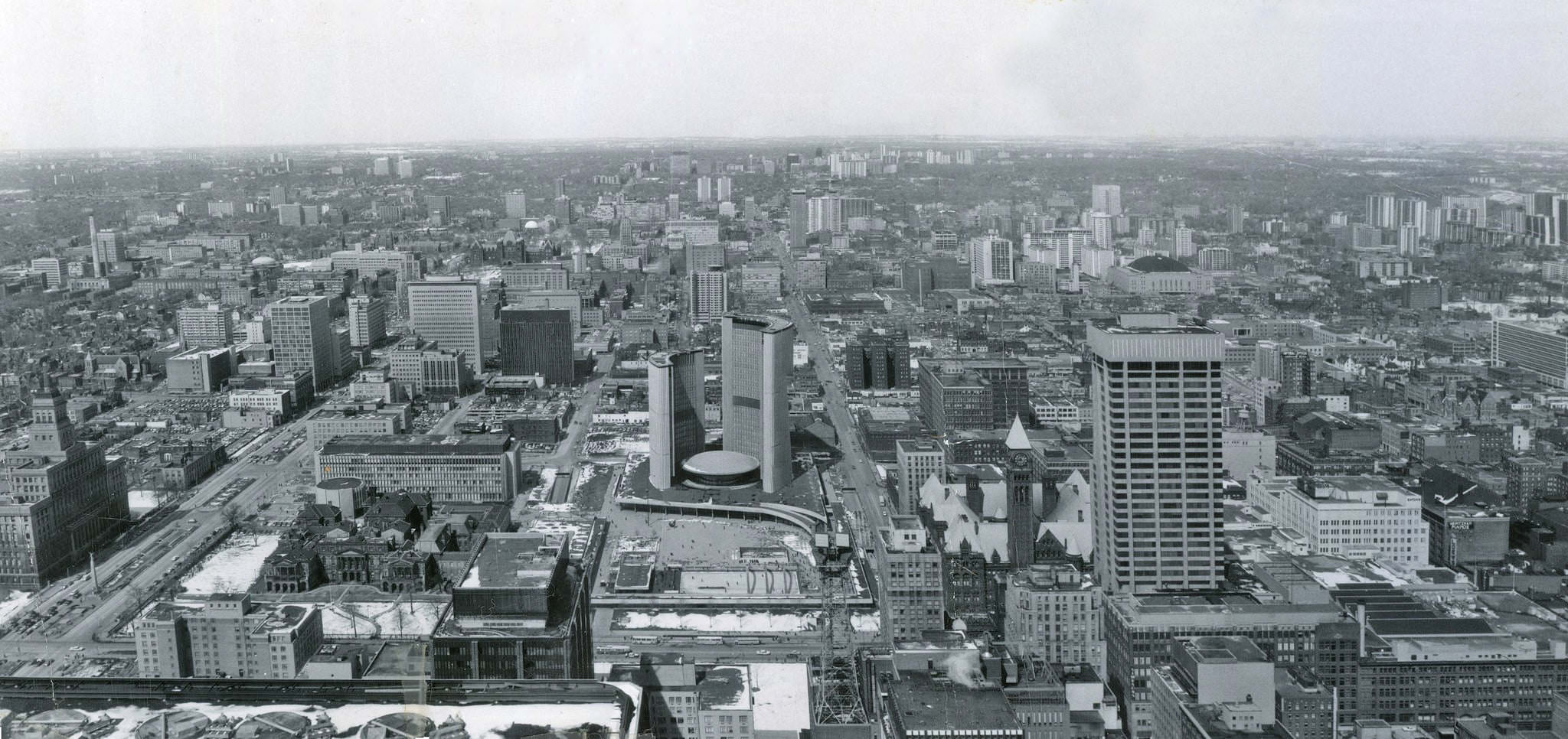 View looking north over City Hall, taken from the top of the TD Centre’s then recently-completed main tower, 1960s