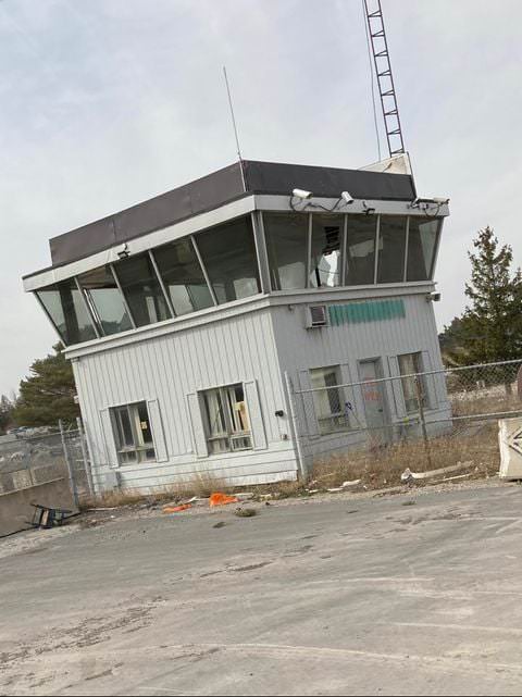 The abandoned control tower from the King Airport on north side of King Vaughan Road just east of Highway 400, 1950s