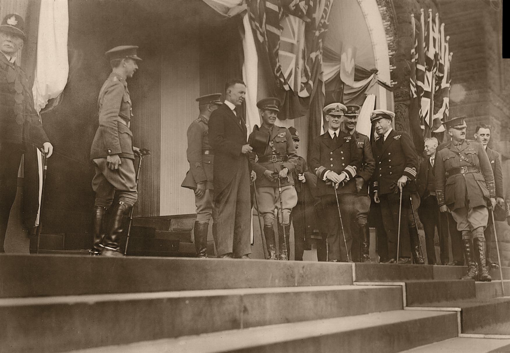 Mayor Church standing with the Prince of Wales and other dignitaries at Toronto's City Hall, 1919.
