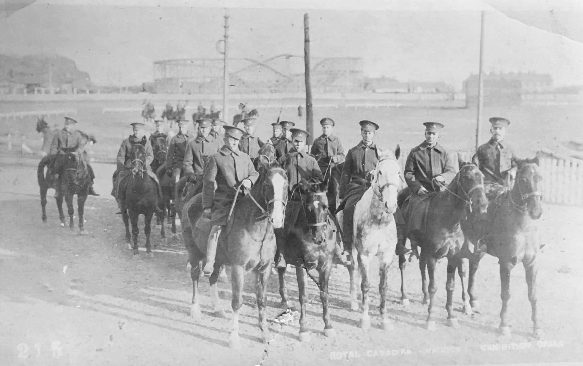 The 19th battalion somewhere between August 1914 and May 1915. This is at the exhibition grounds where they trained prior to shipping out in Toronto, Ontario