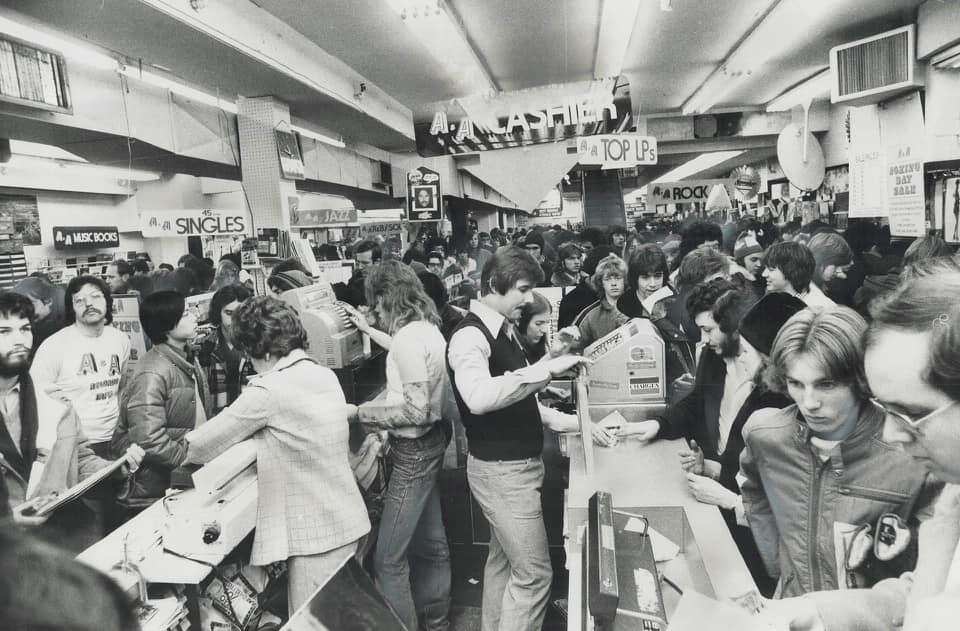 Boxing day shopping at A&A Records, Yonge T., Boxing Day 1975