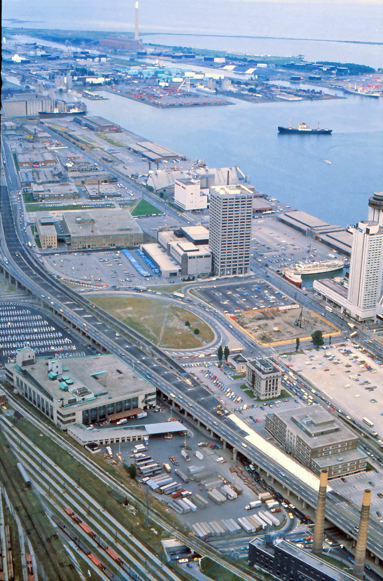 CN Tower view of the harbor front and docklands, late 1970s.