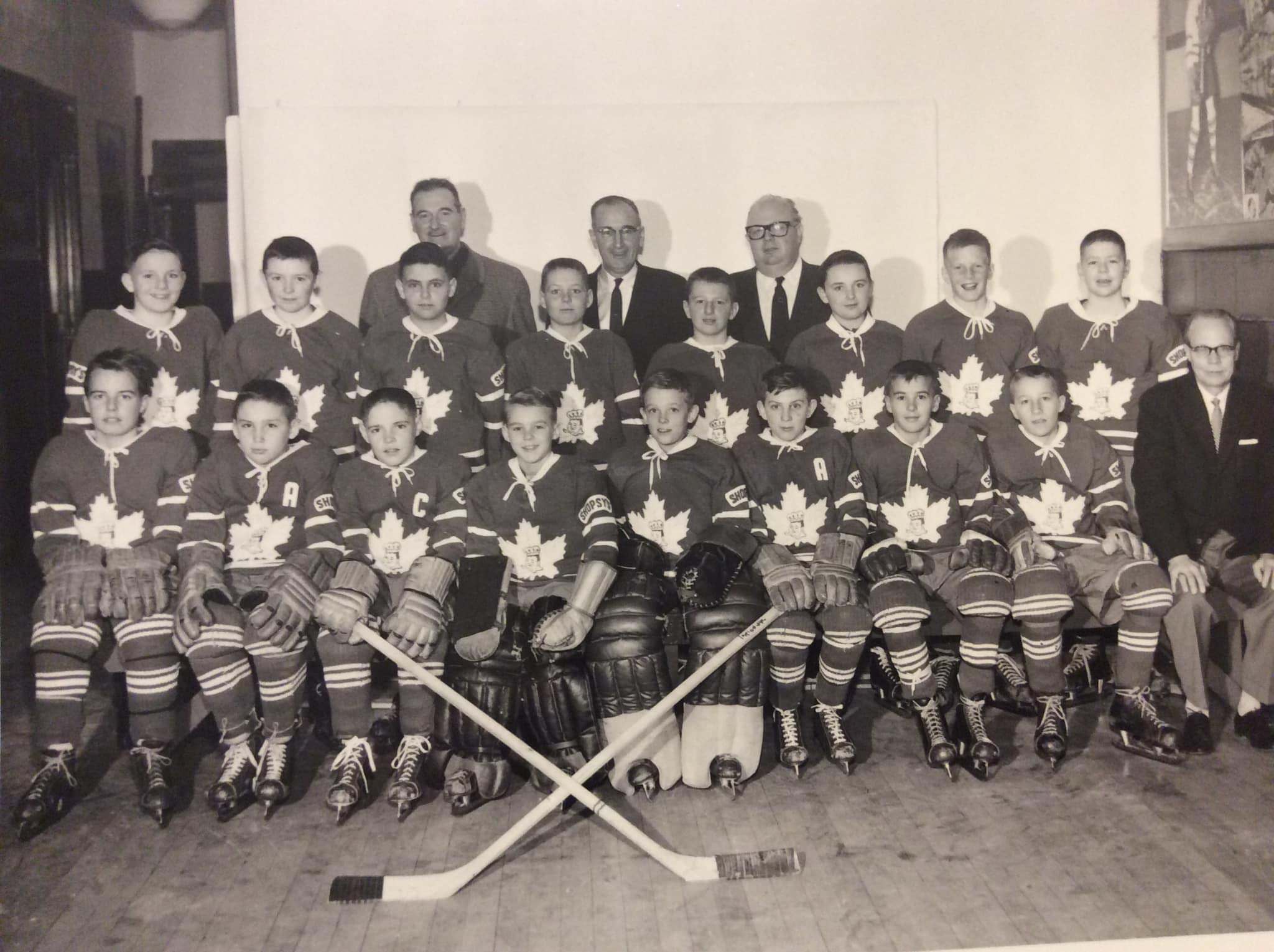 Toronto Marlboros Shopsys Pee Wee team. Mr. Sam Shopsowitz back row right. Photo taken in Maple Leaf Gardens, NHL Visitors dressing room. 1960