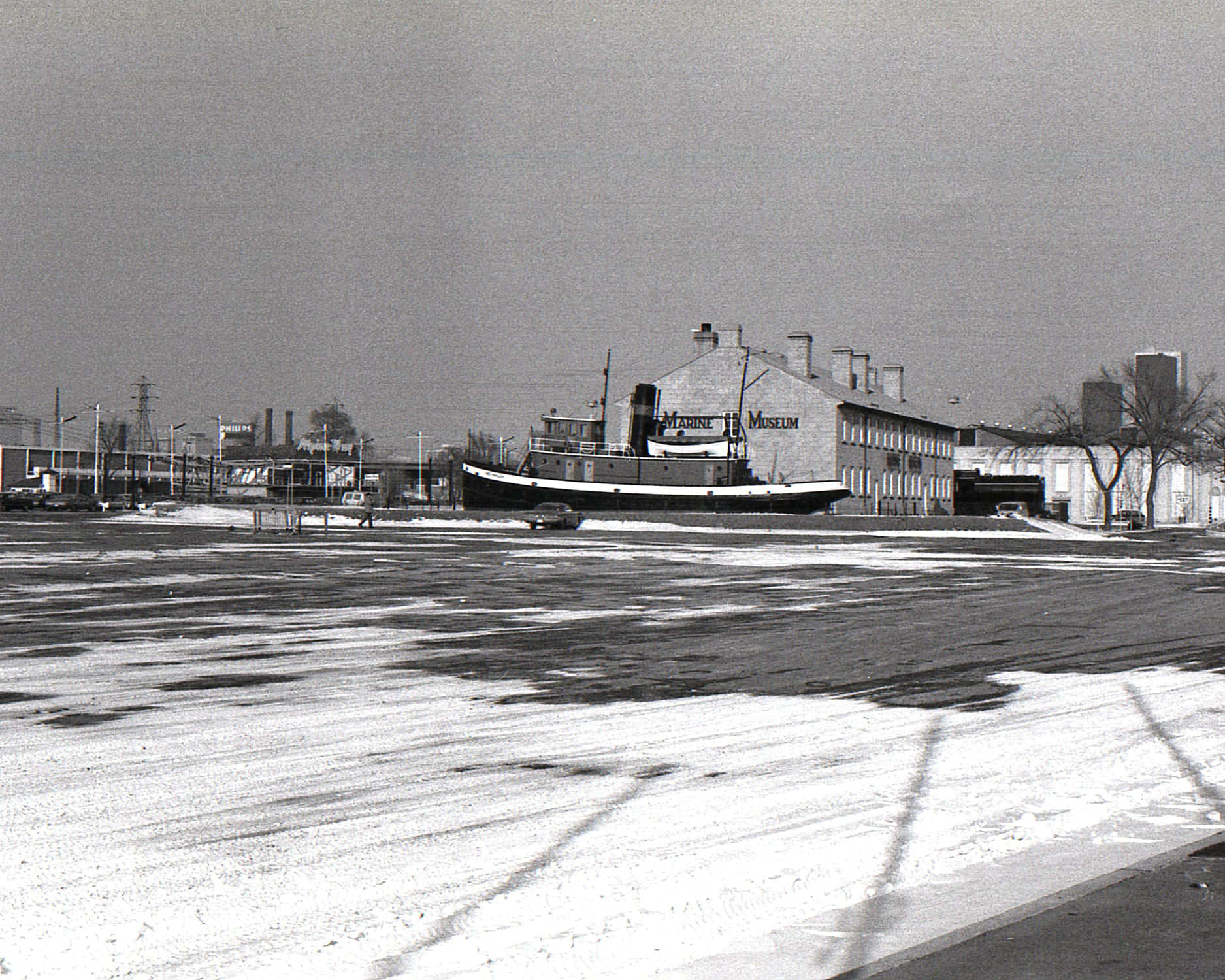 Looking north east to the Marine Museum. CNE grounds in Winter, 1970s