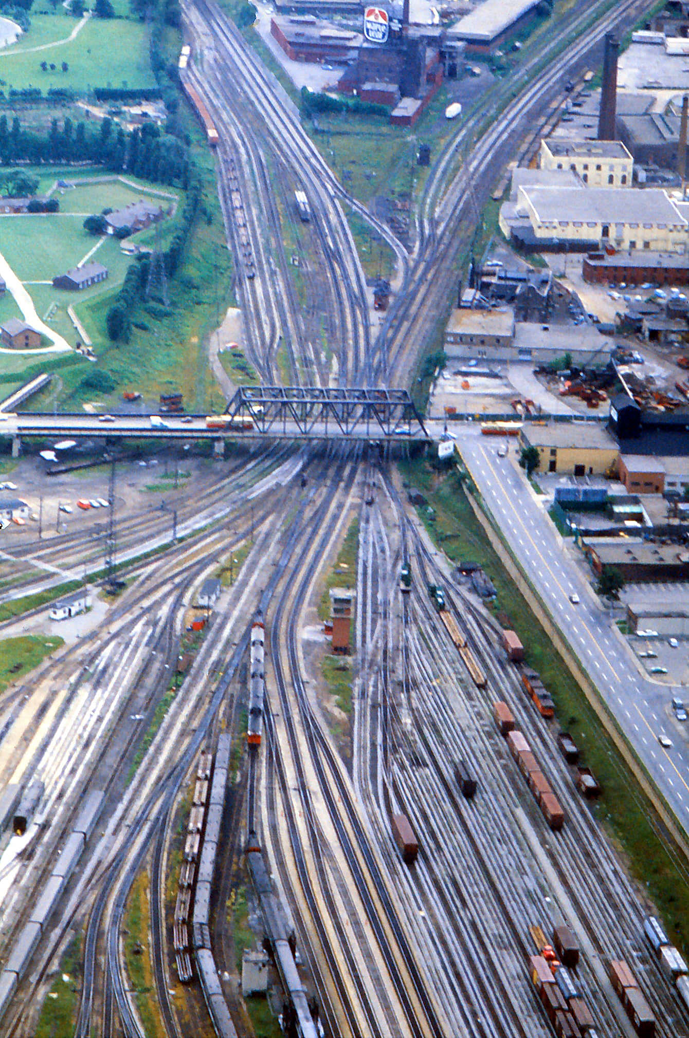 Bathurst Street bridge and the rail yards, view looking west, 1970s.