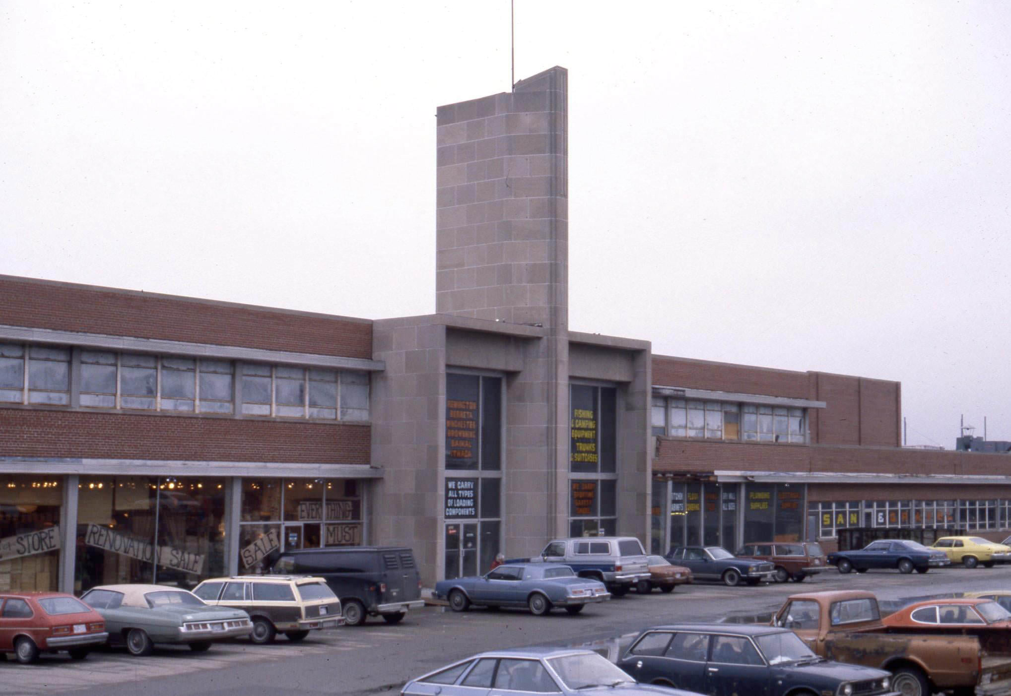 The former Rootes Motors building in 1981, being used to sell just about everything.