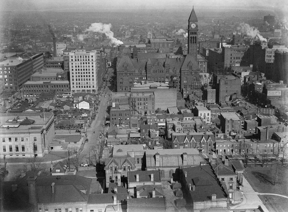 Looking east from the tower of the Canada Life on University Avenue, 1929.