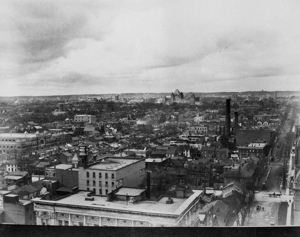 Looking northwest from Queen and Bay streets, 1910.