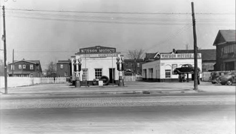 Imperial Oil Esso service station - Watson Motors. Station opened in 1932. Located at 2678. Danforth Avenue, north side between Main & Dawes, 1946