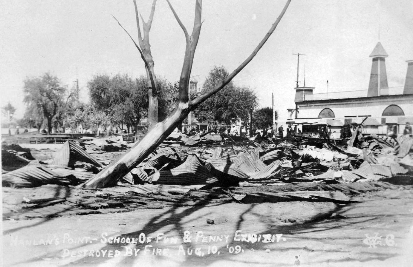 School of Fun and Penny Exhibit destroyed by fire at Hanlan's Point, Toronto Islands, Aug 10, 1909