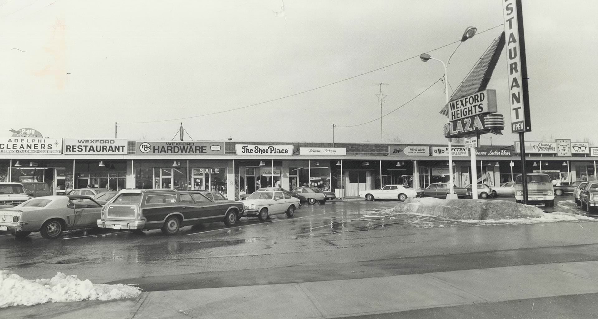 Wexford Heights Plaza with the recently closed Wexford Restaurant. Northeast corner of Warden & Lawrence, 1977