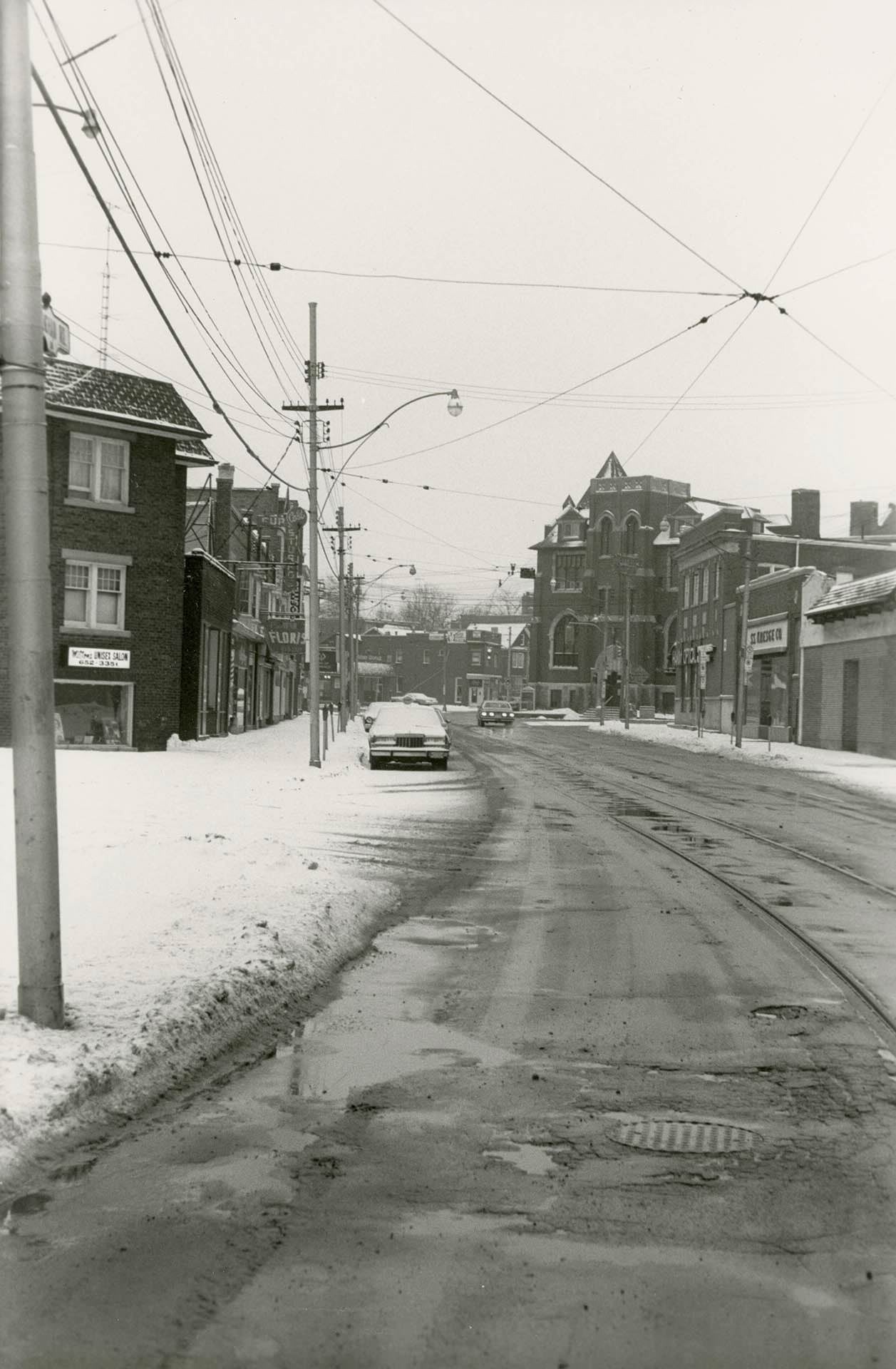Vaughan Rd, looking north from south of St. Clair Ave W, (corner of Ellsworth Ave) Jan 29, 1984.