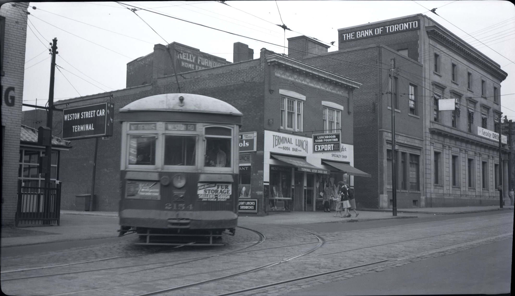 TTC Streetcar 2154 turning north from the old Keele Terminal just north of Dundas St. W., on the east side of Keele Street, 1948.