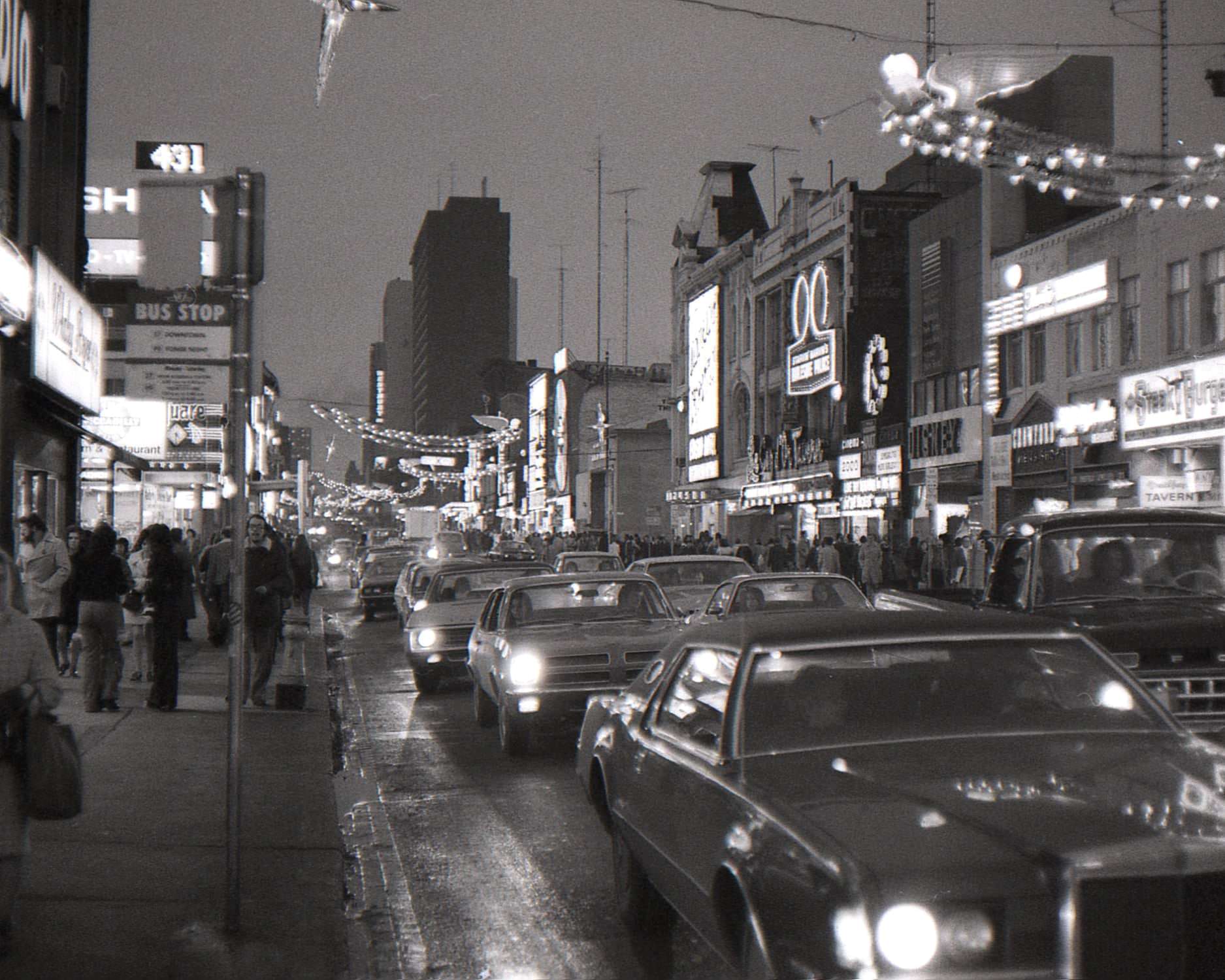 View looking north on Yonge St. near Edward St. with Christmas lights up, about 1972.